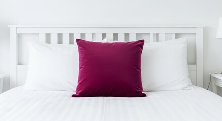 Obraz premium Elegant bedroom setup with a magenta pillow on a white bed.