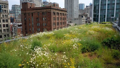 Naklejka premium Urban Green Roof Garden with Wildflowers and Grasses on Modern Commercial Building in City Setting