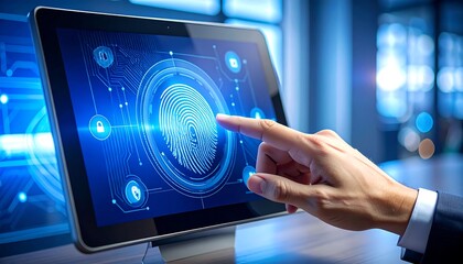 Touchscreen tablet with fingerprint scanning interface.  A hand touches a glowing fingerprint graphic