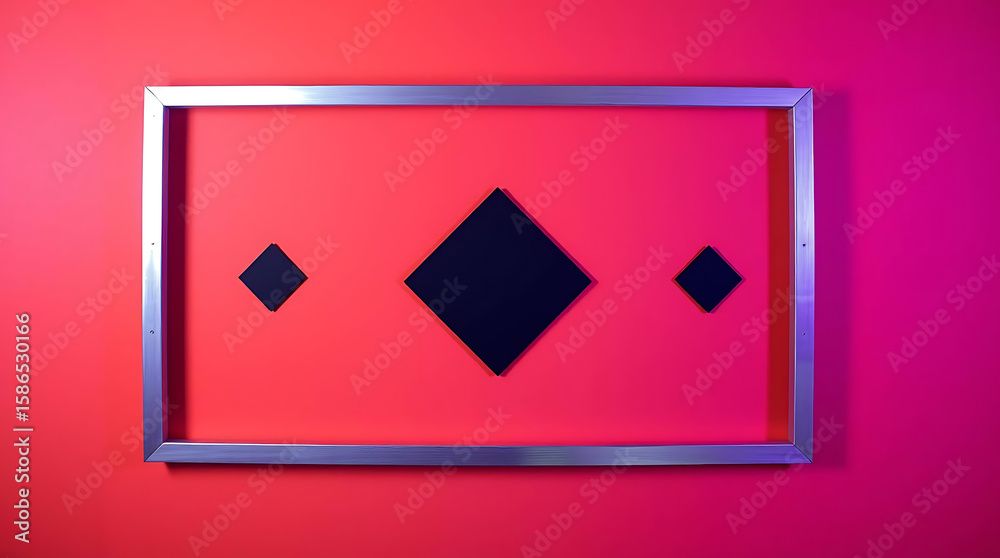 Fototapete a silver frame with three black pyramids against a red background in a modern art style