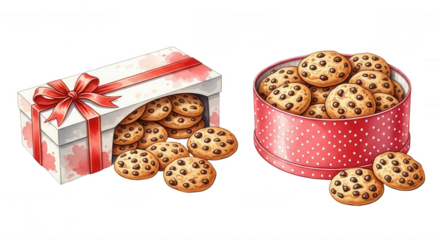 Delicious chocolate chip cookies piled high in a red polka dot tin and a white gift box with a red ribbon isolated on transparent background