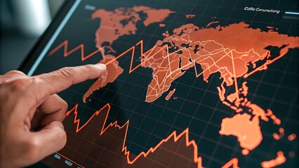 Global financial data chart on a blue monitor with a technology and business illustration