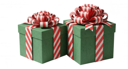 Two festive green gift boxes adorned with large red and white striped bows and matching ribbon accents isolated on transparent background
