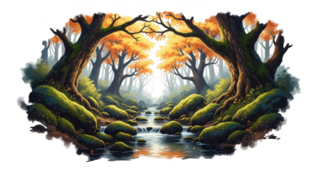 Enchanting forest stream with mossy rocks and vibrant autumn foliage framed by ancient trees isolated on transparent background