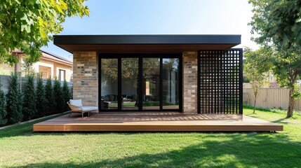 A modern outbuilding with a deck, glass doors, and brick accents nestled in lush greenery