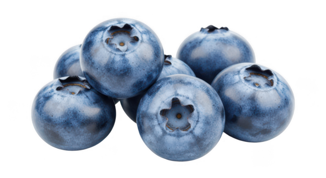 A close up macro shot of a pile of fresh ripe blueberries with a detailed view of their texture and star shaped calyx isolated on transparent background