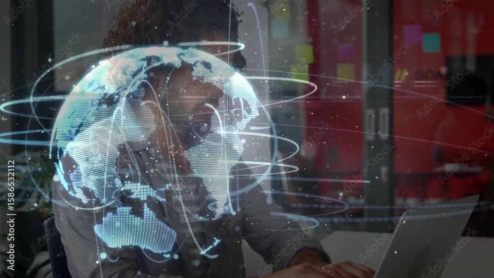 Poster worker typing on laptop activating digital globe rotating data lines showing technology network