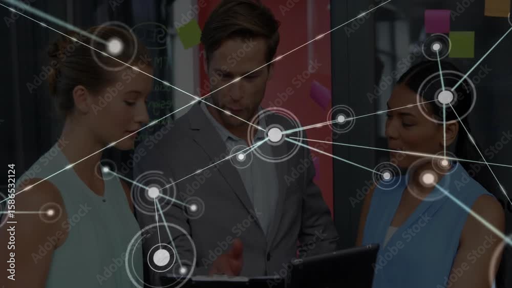 Poster business team gesturing at tablet and spawning animated network overlay for project analysis