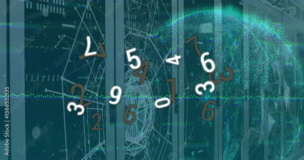 Poster upon numerals appearing by server racks, digits spiraling into wireframe head, showing data flow