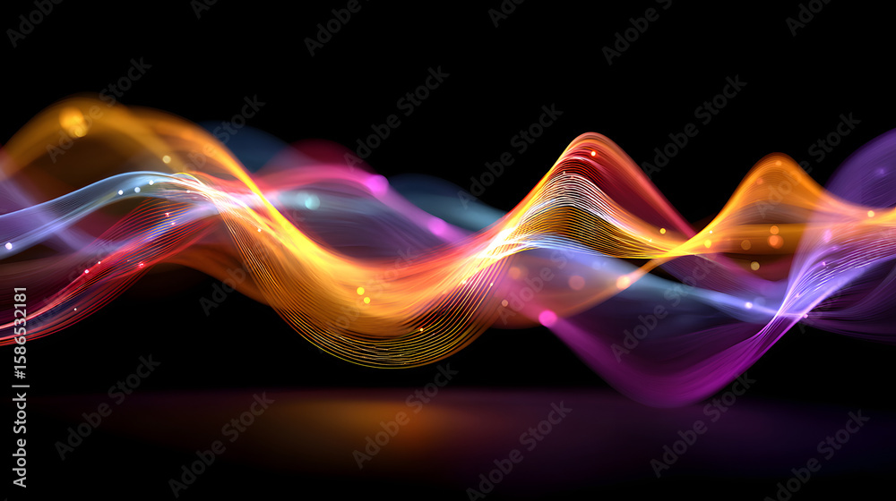 Poster abstract wave lines pattern dynamic colorful light flowing isolated on black background. concept of 
