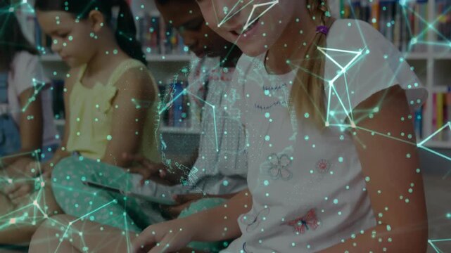 Classmates tapping tablets in education corner, activating green network showing connectivity