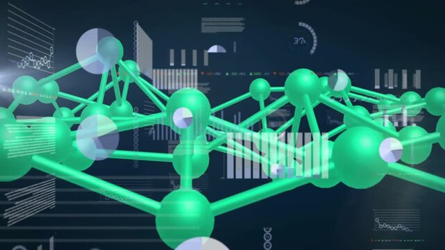 Camera pivoting and network rotating to reveal hidden green spheres while UI charts fading