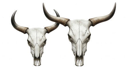 Two detailed illustrations of realistic cow skulls with large curved horns facing forward on a transparent background isolated on transparent background