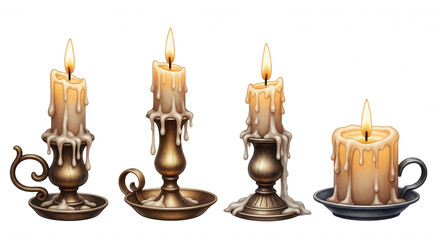 Four antique dripping candles in ornate brass and dark metal holders with glowing flames isolated on transparent background