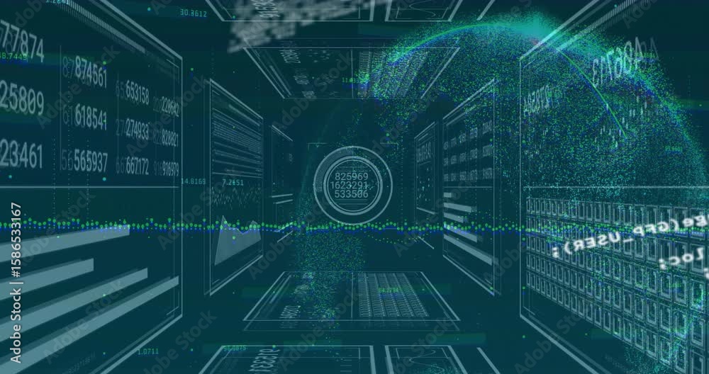 Poster Opening code scrolling sparking corridor shifting with pulsing HUD and emerging globe showing data