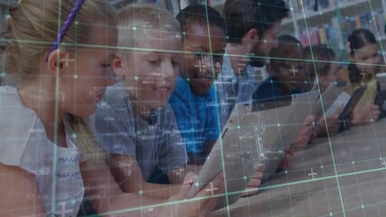 Blonde girl tapping tablet activating AR grid overlay, teacher guiding tech-driven learning session - Powered by Adobe