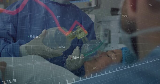 Gloved provider ventilating patient after apnea with Ambu bag while red vital graph fluctuating