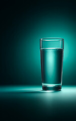 Crystal clear water in illuminated glass. A tall glass filled with clear water glows under a turquoise light, casting reflections on the surface beneath.
