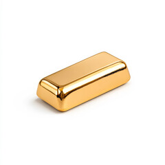 Gold bar resting on a white surface. A shiny gold bar displayed on a clean white background, highlighting its smooth texture and reflective surface.