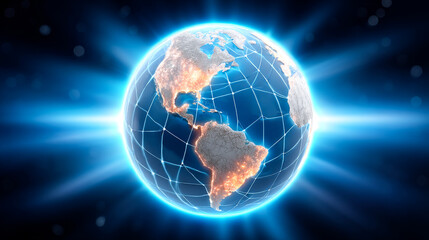 Fototapeta premium Glowing earth with network connections. A vibrant view of the Earth showcasing its network connections illuminated by bright lights against a dark background.