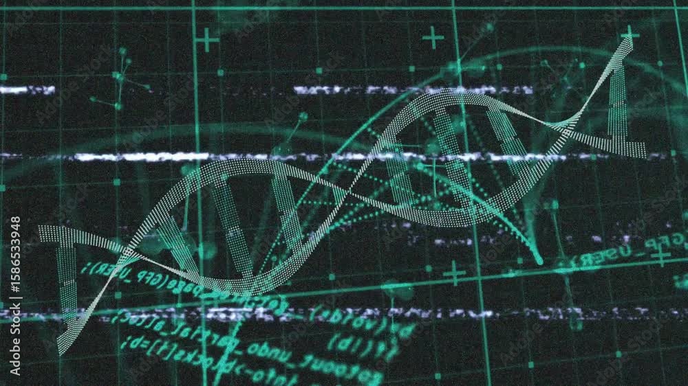  on horizontal glitch lines appearing helix shifting rotating over grid nodes showing data flow