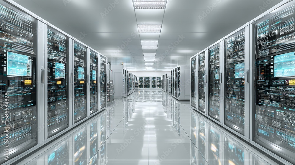 Poster advanced data center showcases rows of servers filled with digital information and complex network h