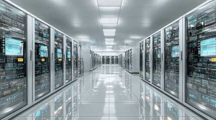 Advanced data center showcases rows of servers filled with digital information and complex network hardware infrastructure systems.