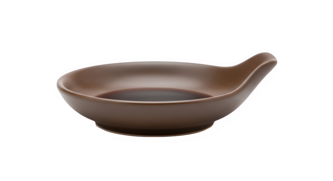 Simple brown ceramic dish with a curved edge and shallow bowl  Chinese soy sauce ceramic dipping dish, minimalist style, isolated on white isolate
