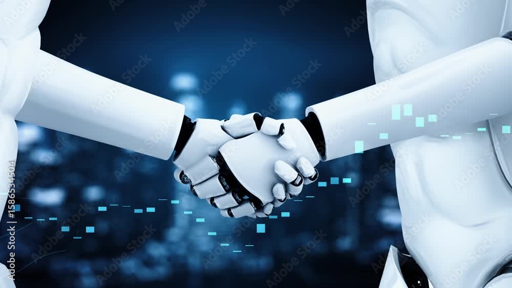 Poster 3d rendering hominoid robot handshake with stock market trading chart showing buy and sell decision 