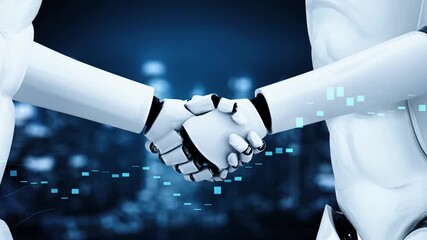 3D rendering hominoid robot handshake with stock market trading chart showing buy and sell decision by AI thinking brain, artificial intelligence and machine learning process. - Powered by Adobe