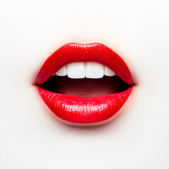 Obraz premium Perfectly painted red lips in close-up. Bright red lips are showcased against a plain background, highlighting their smooth texture and vibrant color.