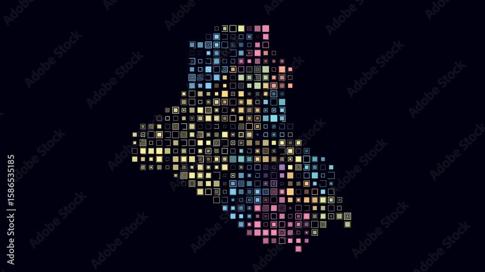 Poster iraq dotted animation. shape of the country build of pulsating colored dots. large size square block
