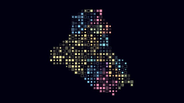Iraq dotted animation. Shape of the country build of pulsating colored dots. Large size square blocks. Digital style map on dark background. Trending video.