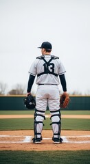Baseball Catcher Stands Ready at Home Plate