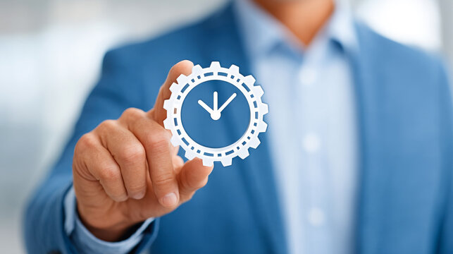 Businessman with clock and gear. A businessman in a blue suit holds a clock symbol within a gear shape, representing time management concepts. - Powered by Adobe