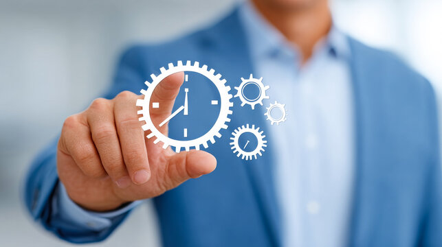 Businessman with digital clock. A businessman interacts with digital clock gears for time management in a modern office.