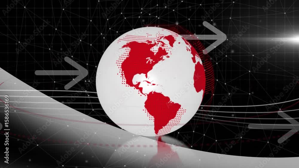 Poster On start 3D globe rotating on platform with flowing lines and arrows visualizing global network