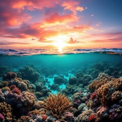 Naklejka premium Vibrant Underwater Coral Reef at Sunset Paradise
