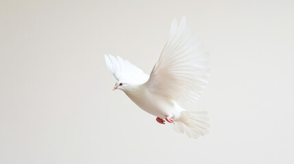 Fototapeta premium Dove soaring in bright light. A white dove soars gracefully with outstretched wings against a soft, light backdrop, symbolizing peace and freedom.