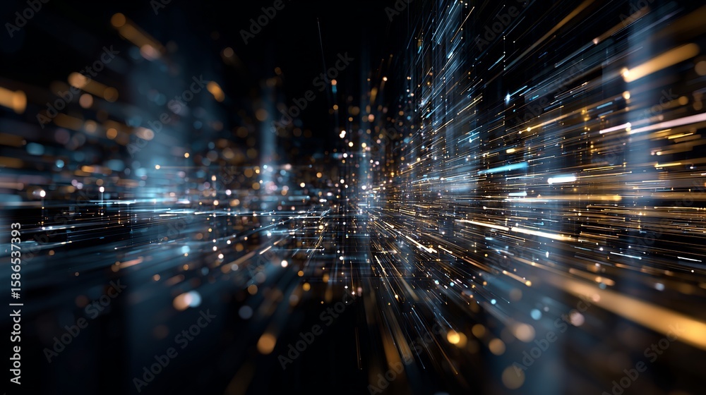 Poster abstract cityscape of light trails creates a futuristic scene, with bokeh adding depth and intrigue 