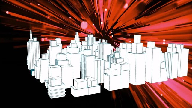 When radial lights intensifying, 3D block city cluster rotating, scattering for digital disassembly