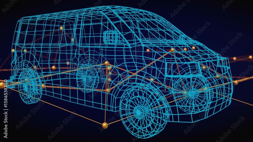 Poster fading cyan van wireframe on navy void with golden nodes and lines pulsing illustrating data flow