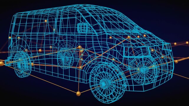 Fading cyan van wireframe on navy void with golden nodes and lines pulsing illustrating data flow