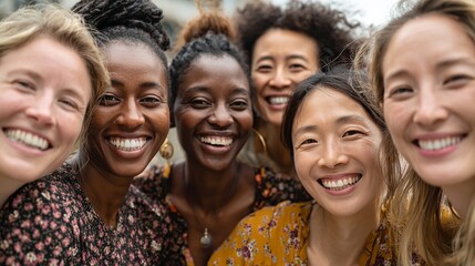 Fototapeta premium Diverse group of women joyfully celebrating with wide smiles and engaging, showcasing unity, friendship, and positive emotions in a vibrant composition.