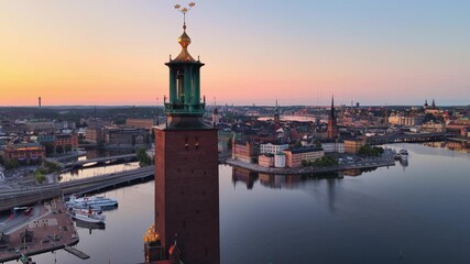 drone shot of Stockholm at sunrise, Stockholm is the capital of Sweden, Swedish city of Stockholm aerial video, Scandinavian city of Stockholm - Powered by Adobe