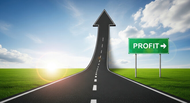 A winding road shaped like an upward arrow leads towards the sky with a profit sign