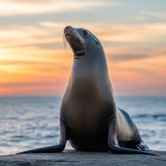 Fototapeta premium Coastal sea lion rests against a vibrant sunset backdrop.