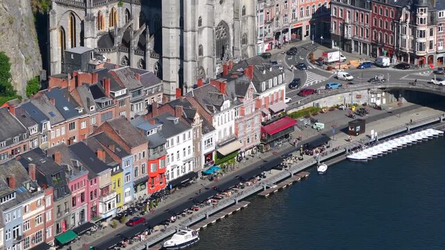 Aerial view of the village of Dinant, Belgium at sunset