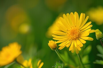 Close up of yellow daisy flower growing in green meadow during spring season, representing beauty and freshness of nature