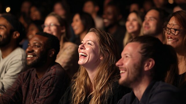 Diverse audience joyfully watches performance, laughter and smiles spreading, expressions of pure amusement, and shared experience with delight.